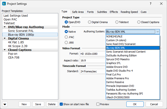   Project Settings - Type Page
